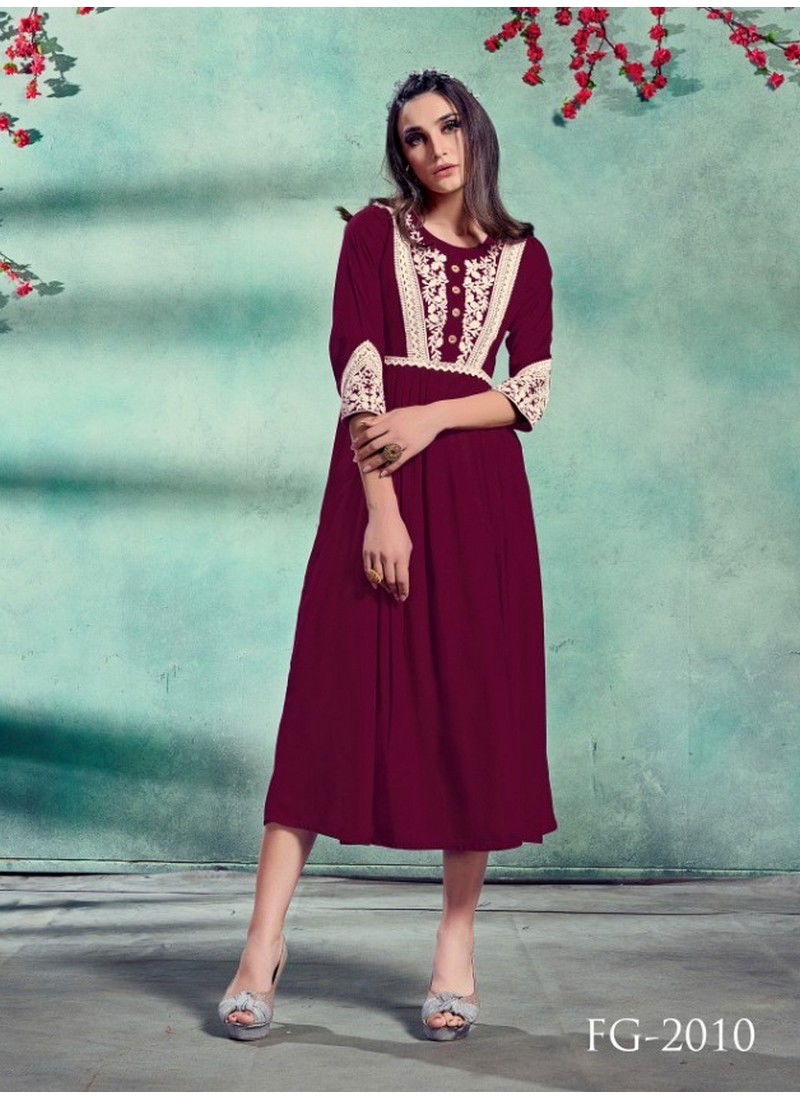 Maroon Colour FG Rosebery Vol 1 Pure Rayon with Lucknowi Embroidery Work New Western Kurtis 2010